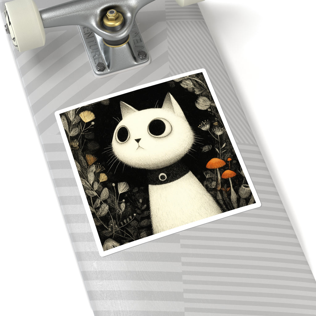 Wide-Eyed White Cat Square Sticker | Cute Cat Illustration, Mushroom Forest