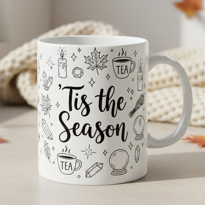 White mug with black text and graphics on a white background