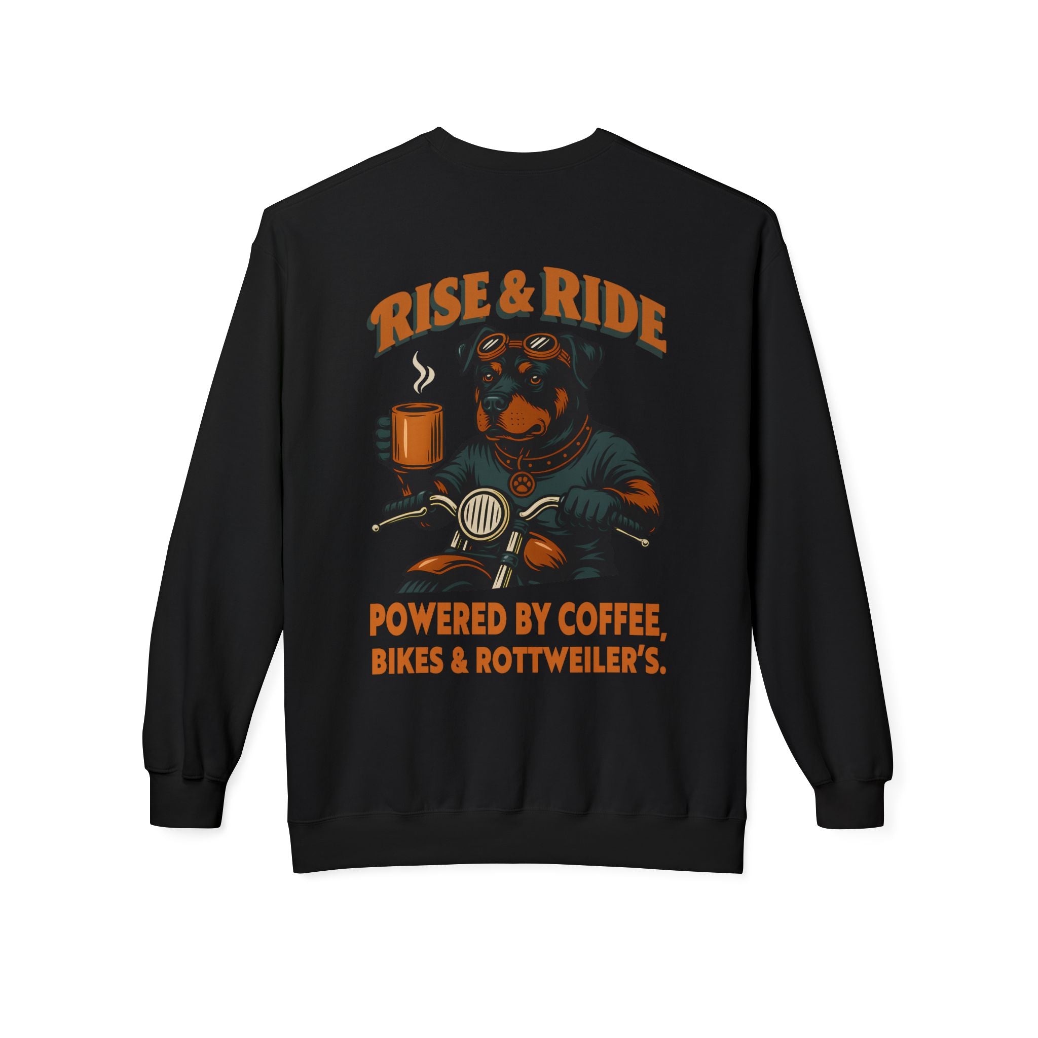 Dog Rottweiler Biker Coffee Shirt | Rise & Ride Motorcycle Sweatshirt for Men Back Print