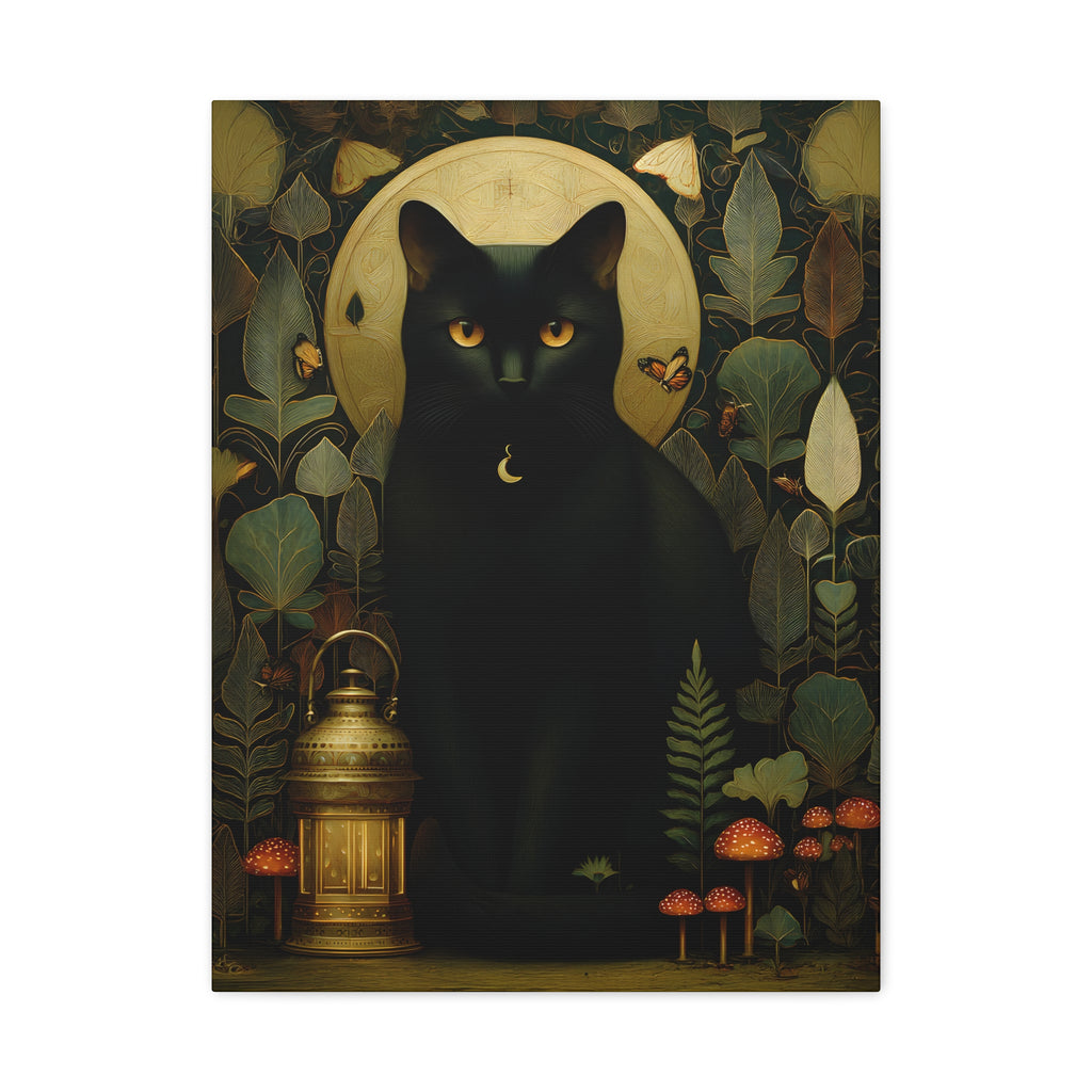Black Cat Canvas | Forest Garden Botanical Wall Art with Painterly Texture