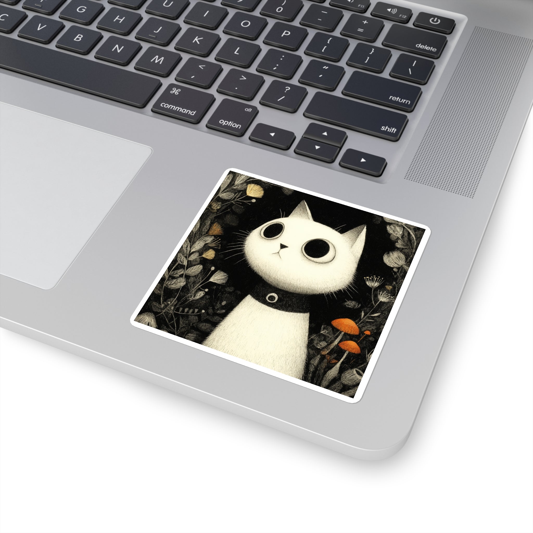 Wide-Eyed White Cat Square Sticker | Cute Cat Illustration, Mushroom Forest