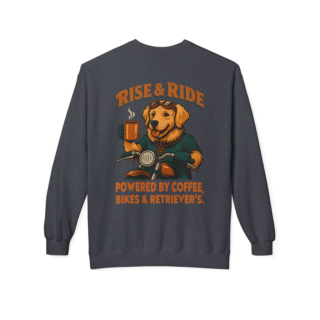 Dog Golden Retriever Biker Coffee Shirt | Rise & Ride Motorcycle Sweatshirt for Men Back Print