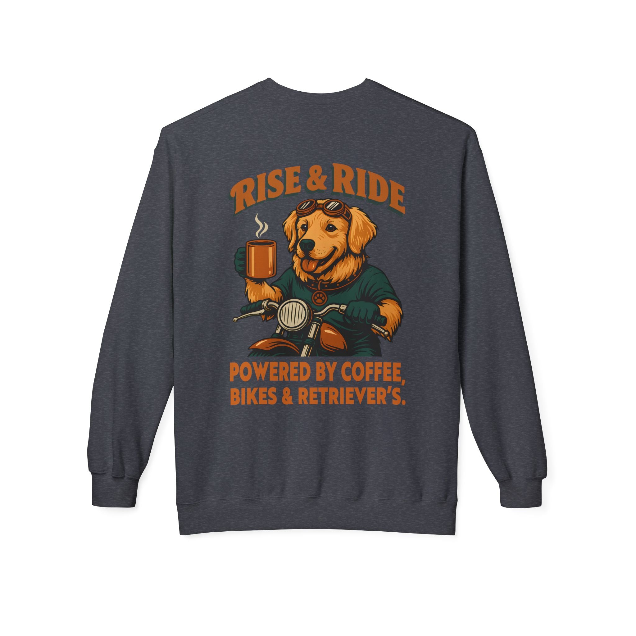 Dog Golden Retriever Biker Coffee Shirt | Rise & Ride Motorcycle Sweatshirt for Men Back Print