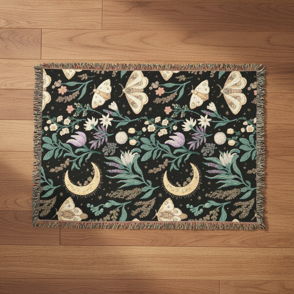 Decorative throw blanket with floral and moth pattern on a black background