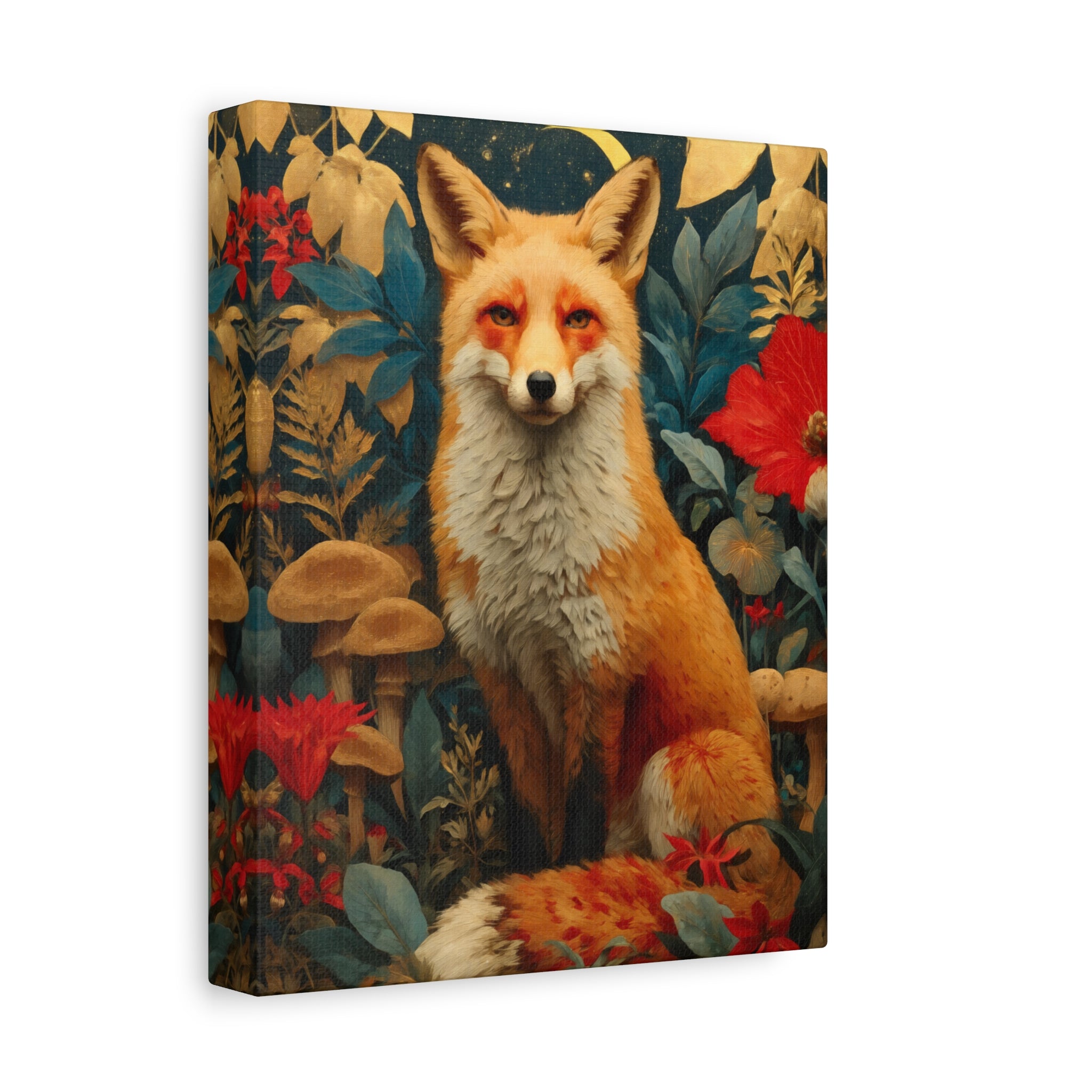 Red Fox Canvas Wall Art | Woodland Creatures Print in Deep Navy & Warm Earth Tones