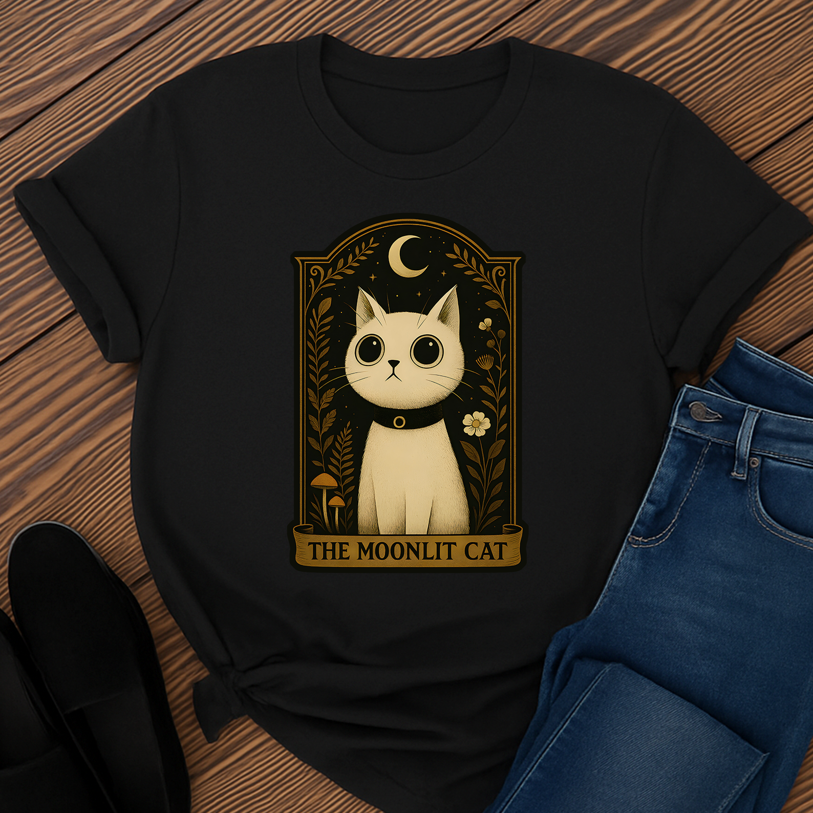 The Moonlit Cat T-Shirt | The Forest Garden Collection Mystical White Cat Tee for Fantasy