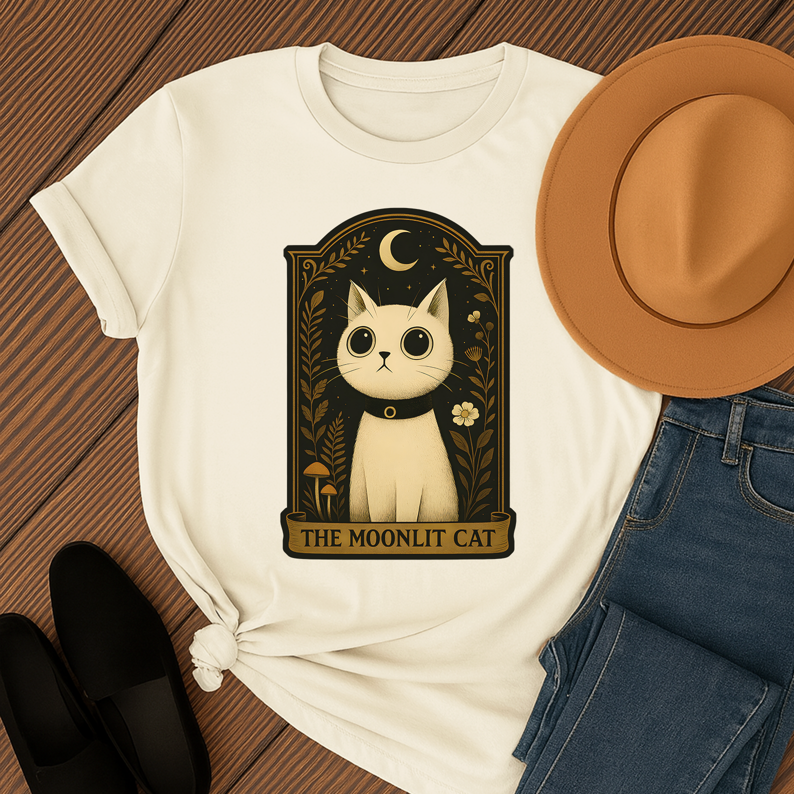 The Moonlit Cat T-Shirt | The Forest Garden Collection Mystical White Cat Tee for Fantasy