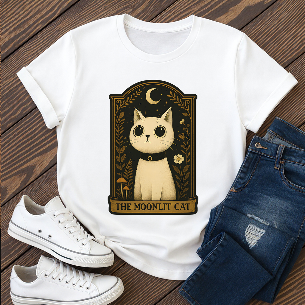 The Moonlit Cat T-Shirt | The Forest Garden Collection Mystical White Cat Tee for Fantasy
