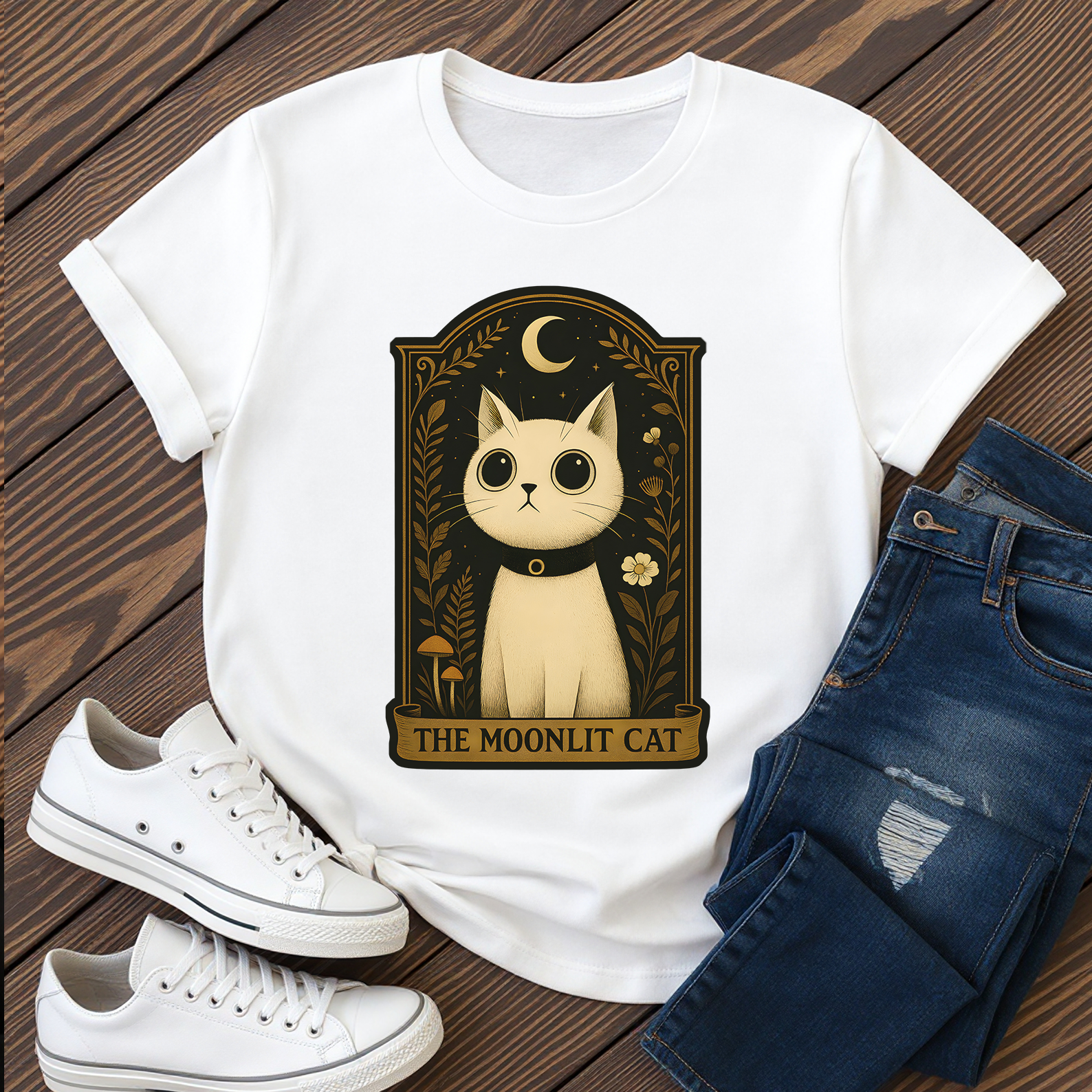 The Moonlit Cat T-Shirt | The Forest Garden Collection Mystical White Cat Tee for Fantasy