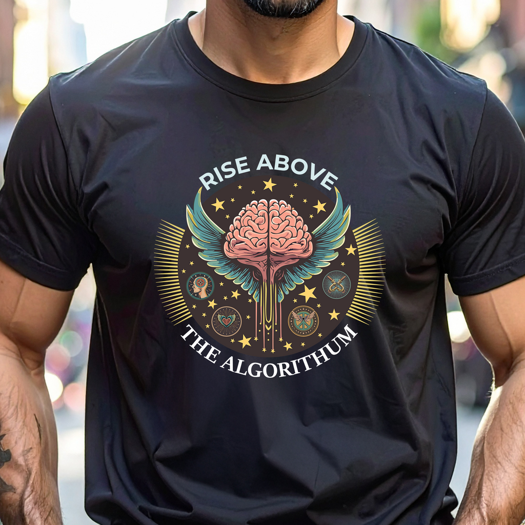 Person wearing a black t-shirt with a brain graphic and text 'Rise Above The Algorithm' on a city street.