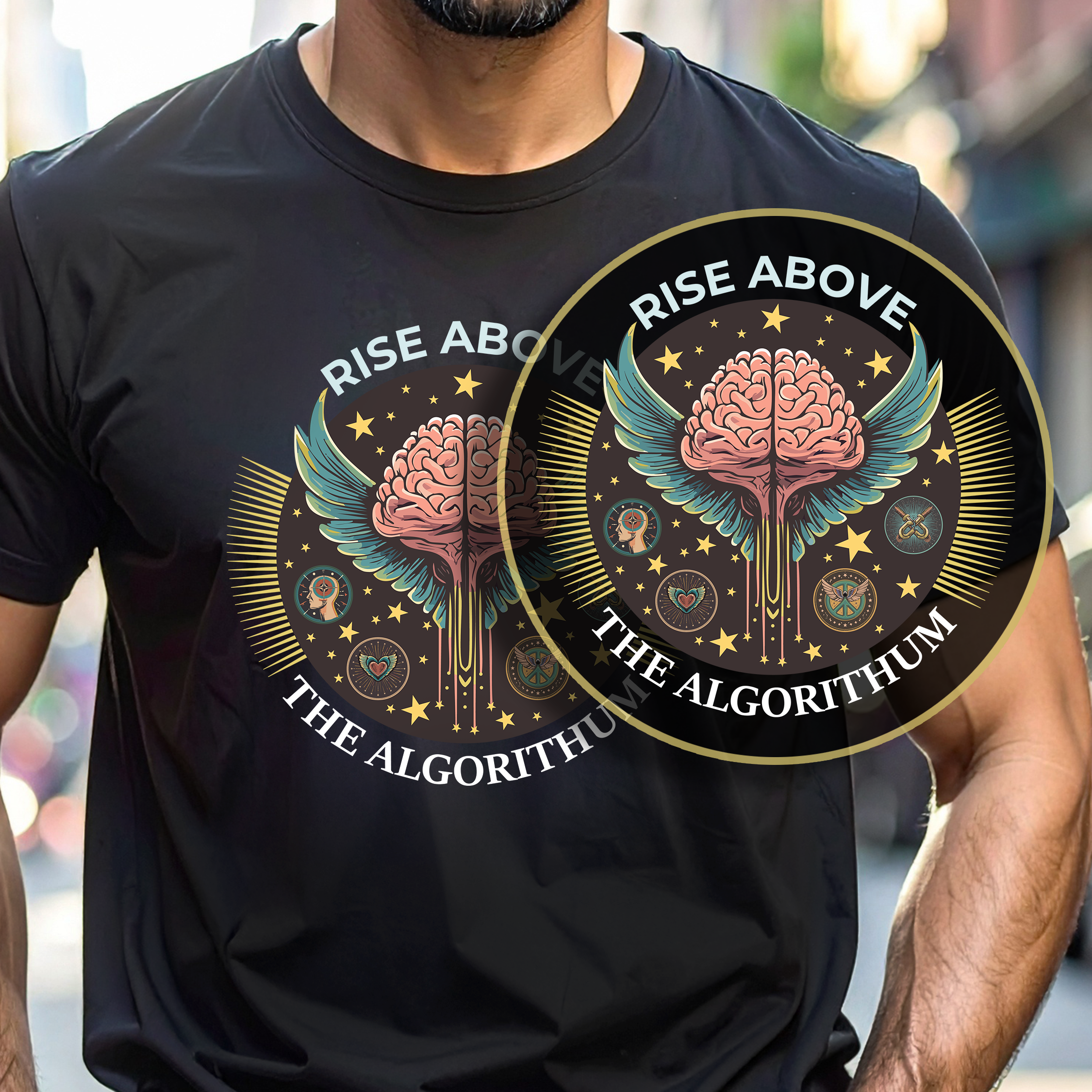 Person wearing a black t-shirt with 'Rise Above The Algorithm' design.