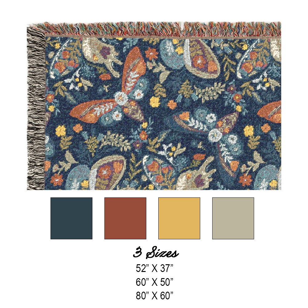 Folk Art Butterfly Blanket Botanical Woven Throw | Mystical Tapestry Cozy Fall Decor Nature Lover Gift Boho Style Home Accent