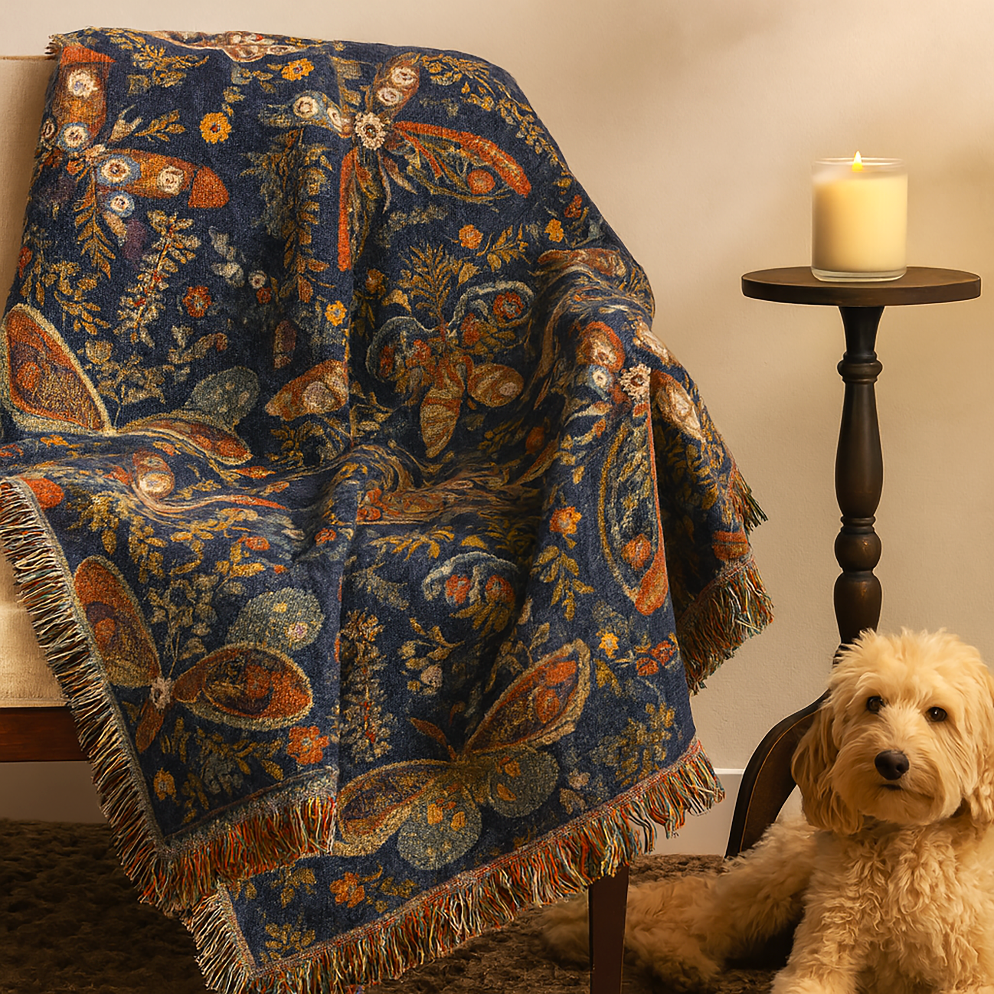 Folk Art Butterfly Blanket Botanical Woven Throw | Mystical Tapestry Cozy Fall Decor Nature Lover Gift Boho Style Home Accent