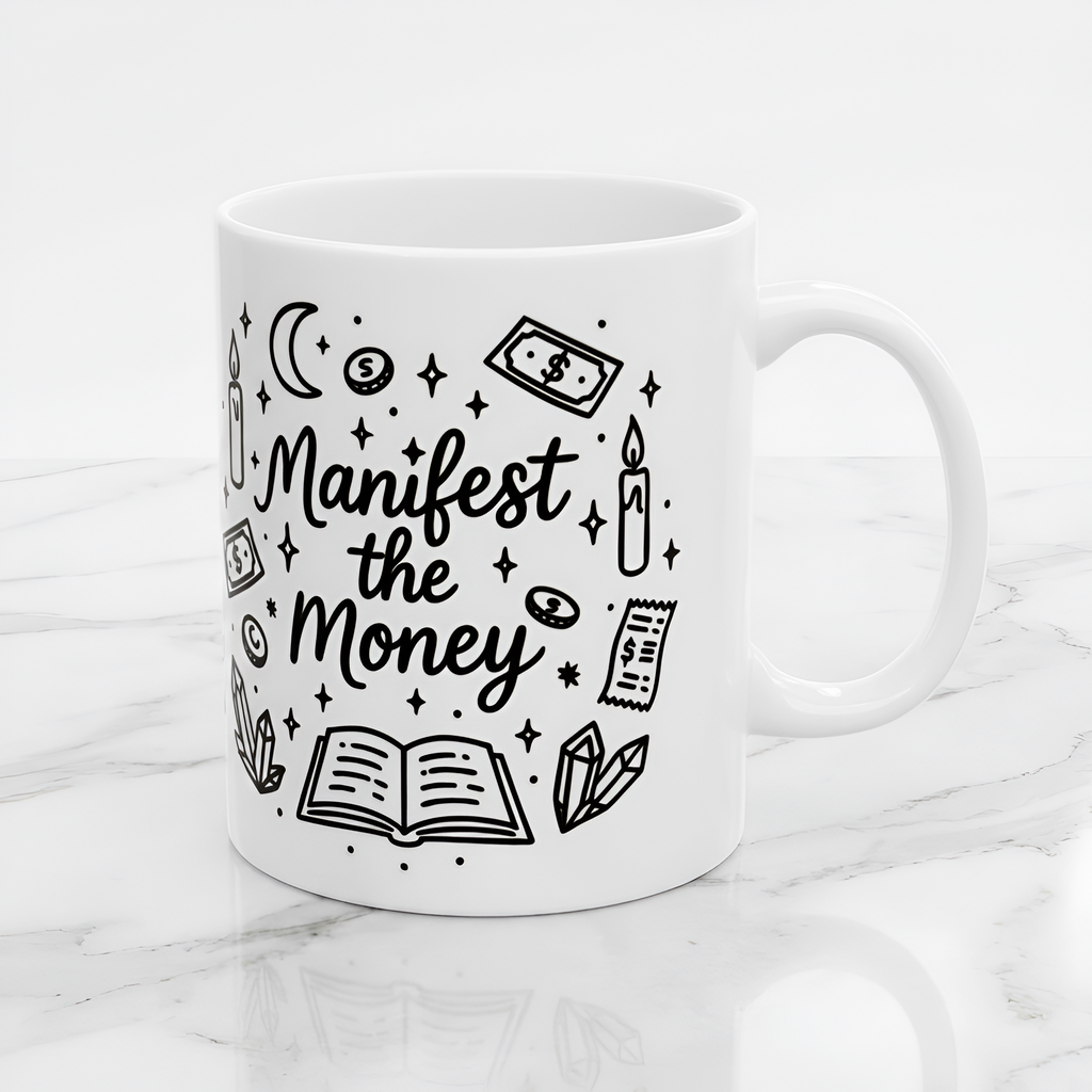 Manifest the Money Mug | Mystical Doodle Coffee Cup for Entrepreneurs & Cozy Home Offices