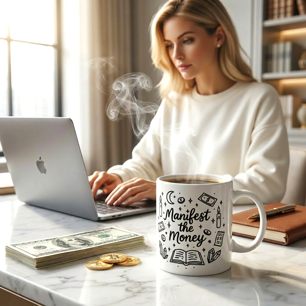 Manifest the Money Mug | Mystical Doodle Coffee Cup for Entrepreneurs & Cozy Home Offices