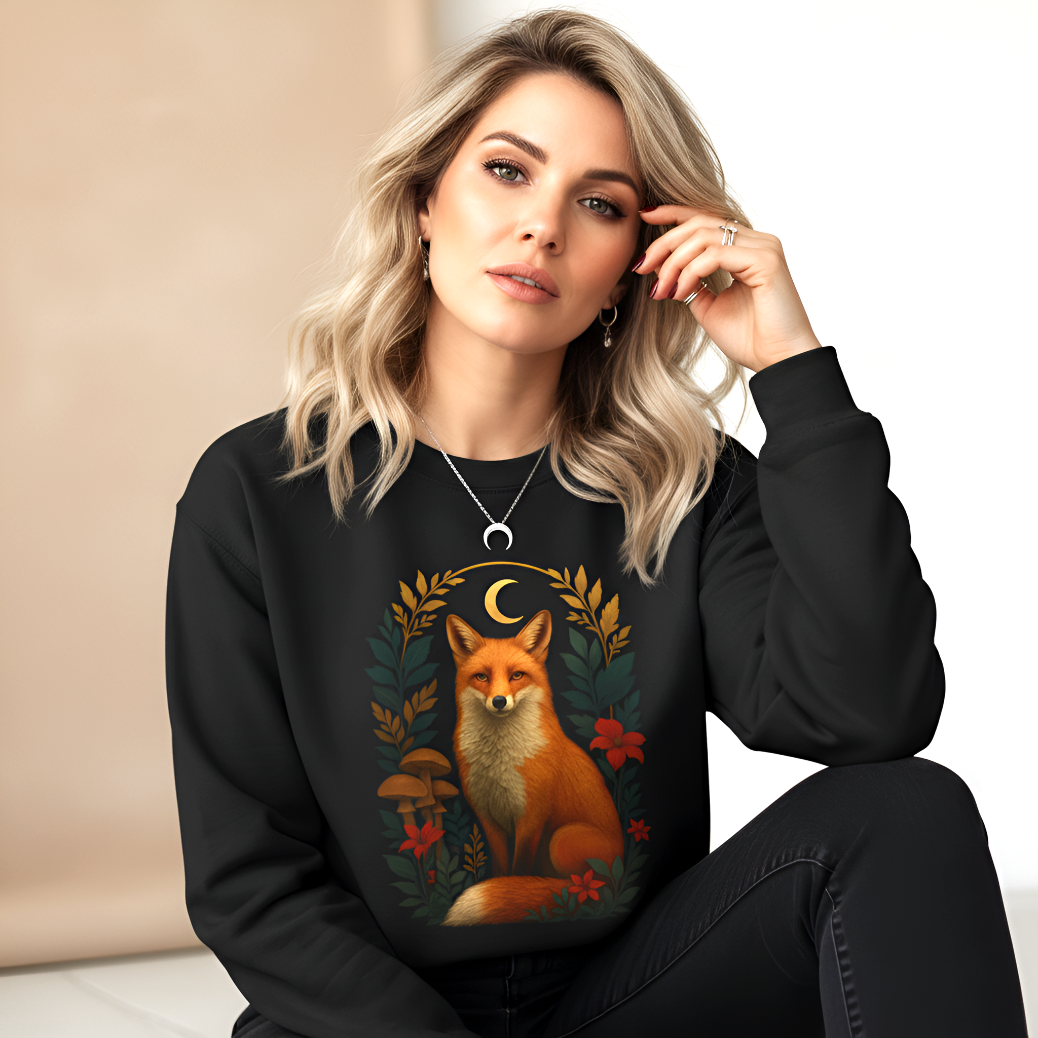Woman wearing a black sweatshirt with a fox design, sitting indoors.