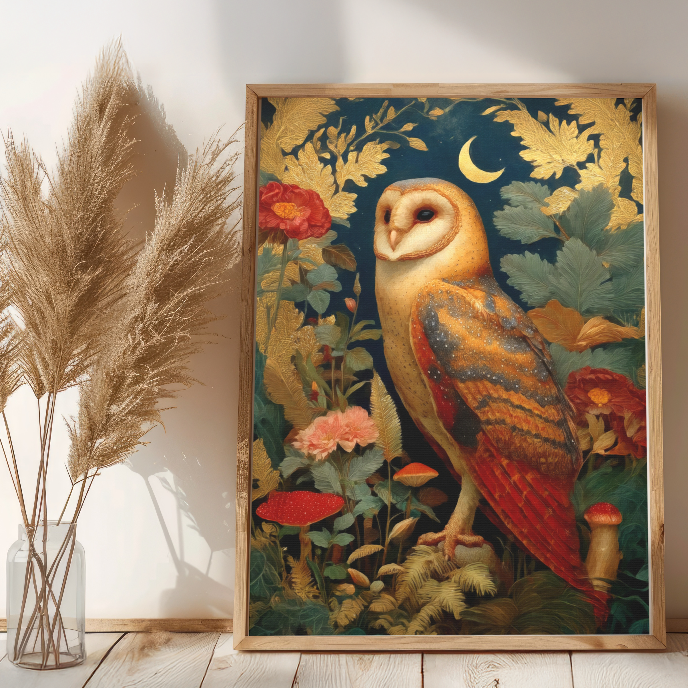 Framed artwork of an owl in a floral setting on a wall with decorative elements.