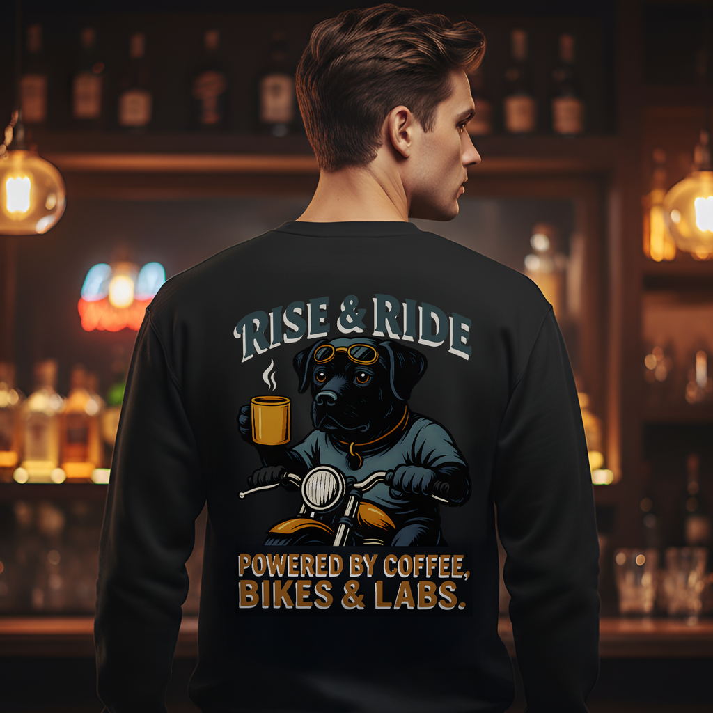 Person wearing a black sweatshirt with a graphic design and text in a bar setting