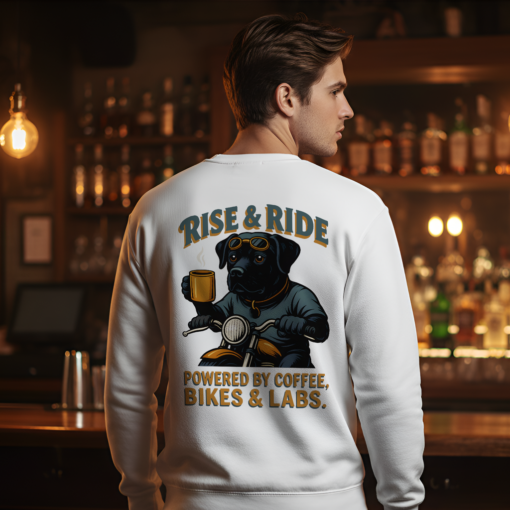 Person wearing a white sweatshirt with a graphic design in a bar setting