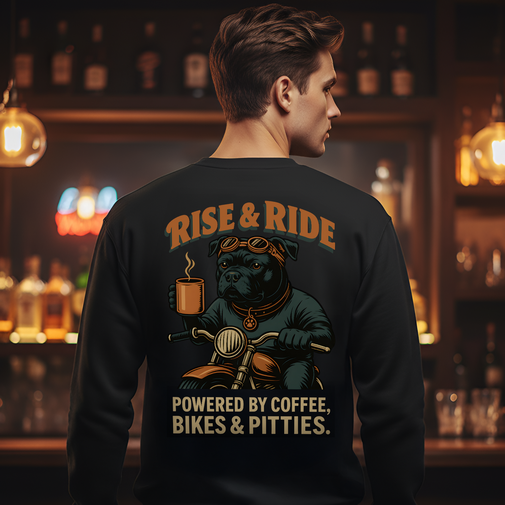 Person wearing a black sweatshirt with a graphic design and text in a bar setting