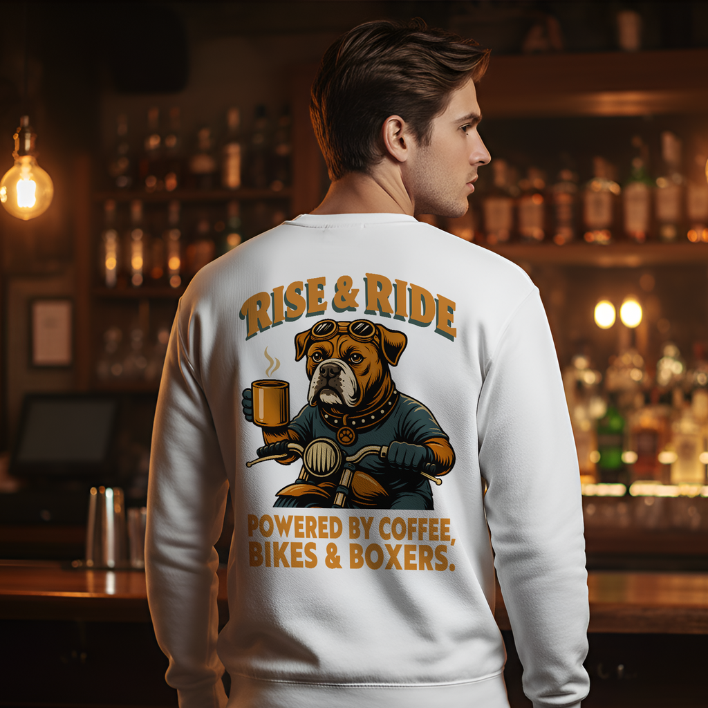 Dog Boxer Biker Coffee Shirt | Boxer Dog Motorcycle Sweatshirt for Men Back Print