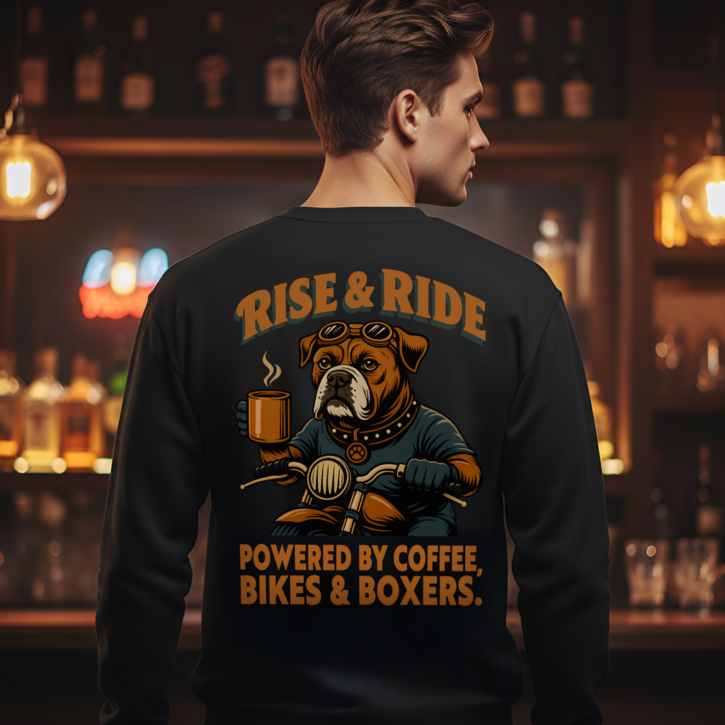Person wearing a black sweatshirt with a graphic design and text in a bar setting