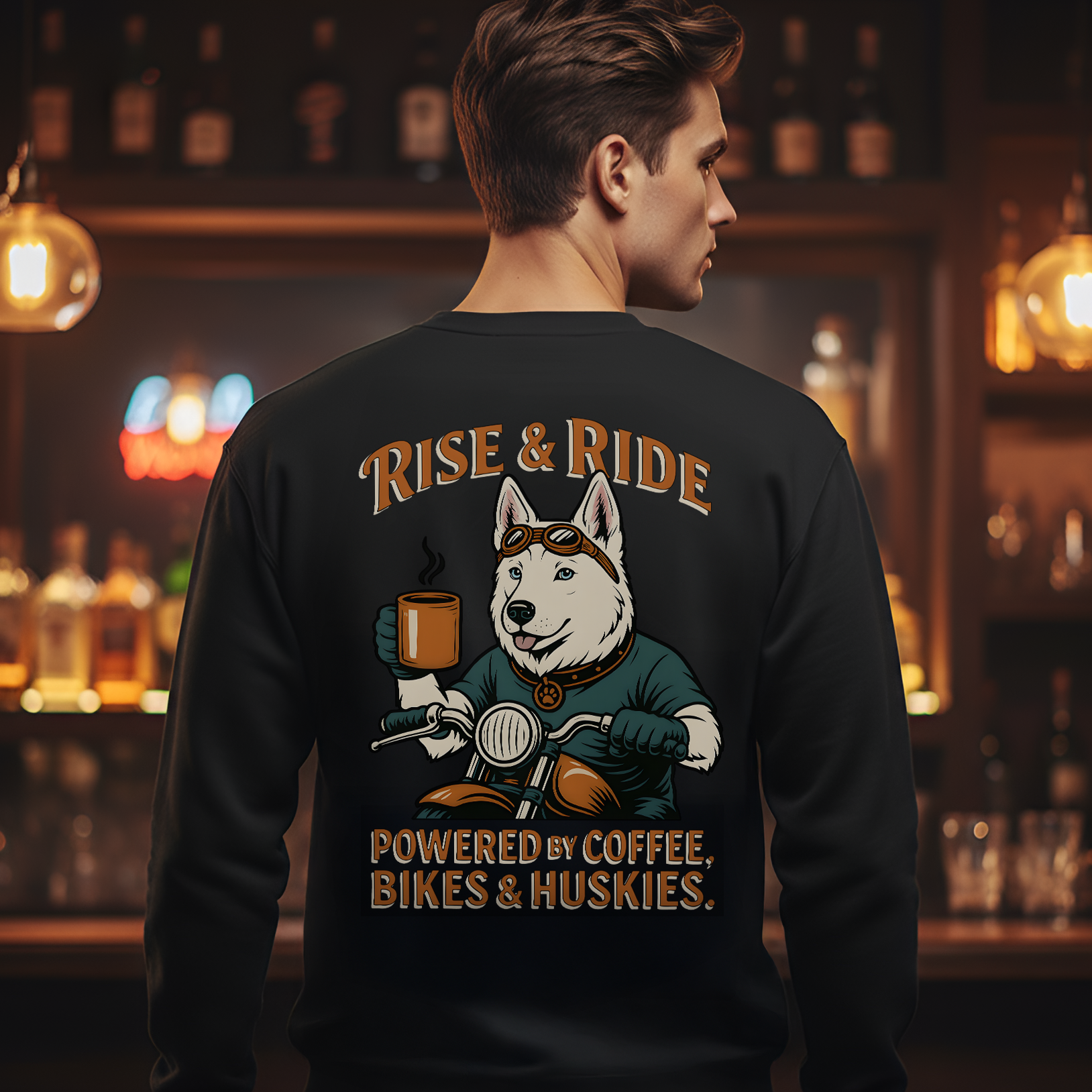 Person wearing a black sweatshirt with a graphic design and text in a bar setting