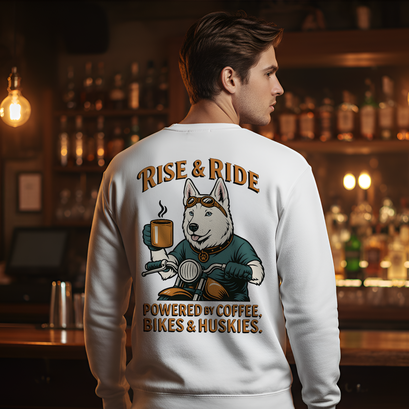 Dog Husky Biker Coffee Shirt | Husky Motorcycle Sweatshirt for Men Back Print