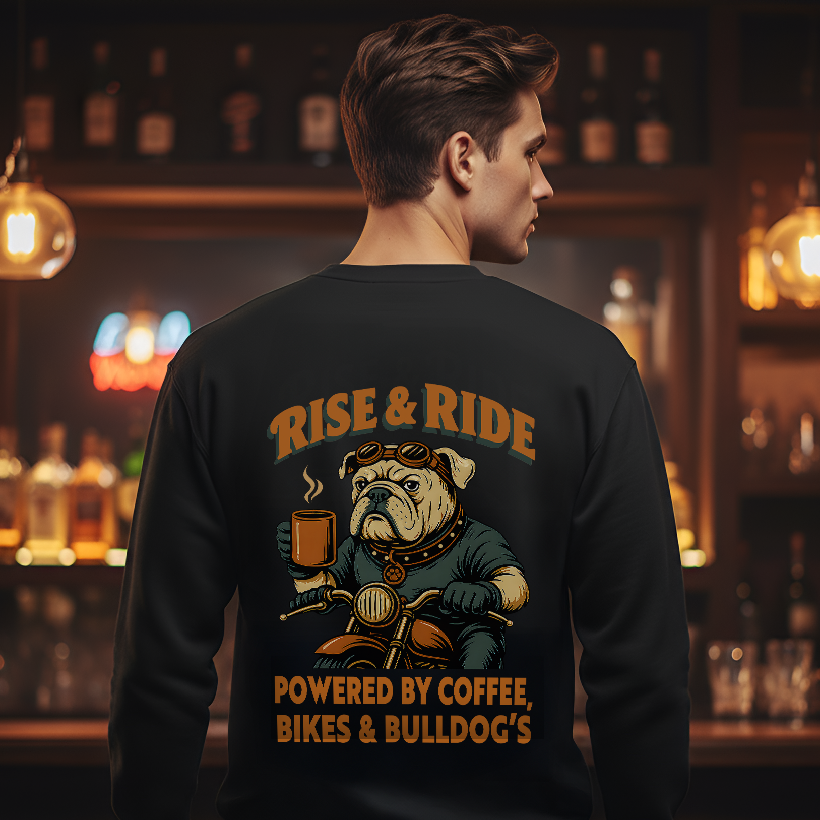 Person wearing a black sweatshirt with a graphic design featuring a bulldog on a motorcycle, text 'Rise & Ride Powered by Coffee Bikes & Bulldogs', in a bar setting.