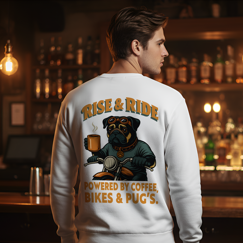 Person wearing a white sweatshirt with a graphic design and text in a bar setting