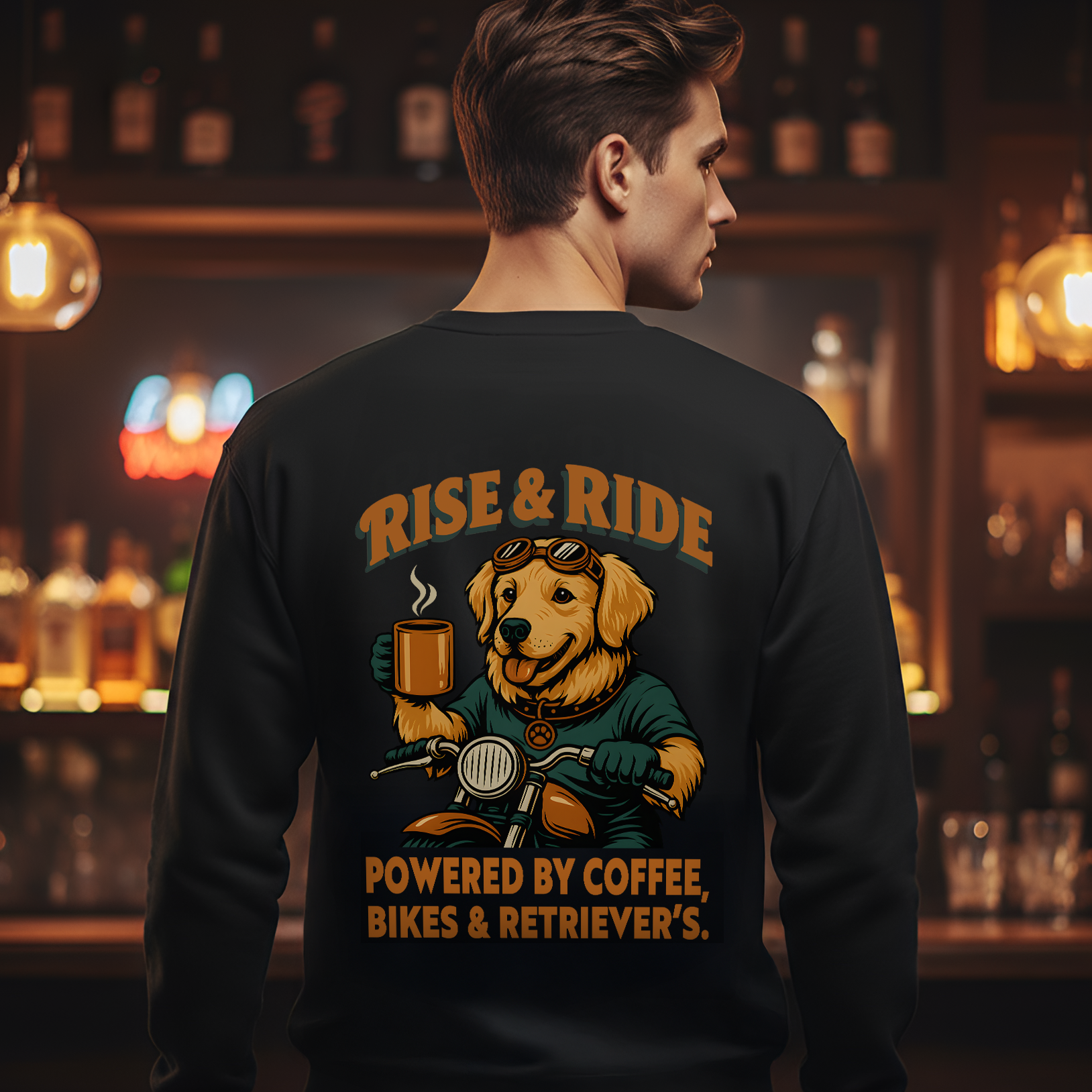Dog Golden Retriever Biker Coffee Shirt | Rise & Ride Motorcycle Sweatshirt for Men Back Print