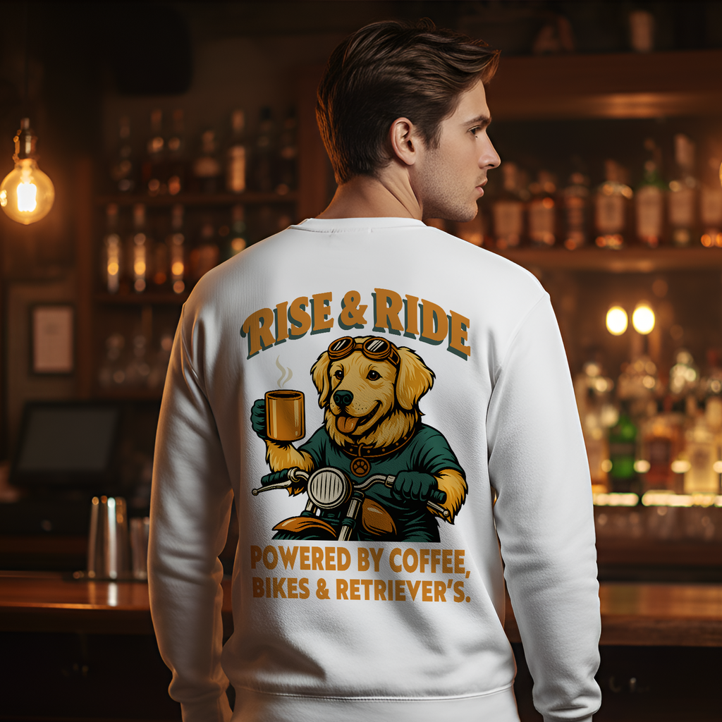 Dog Golden Retriever Biker Coffee Shirt | Rise & Ride Motorcycle Sweatshirt for Men Back Print