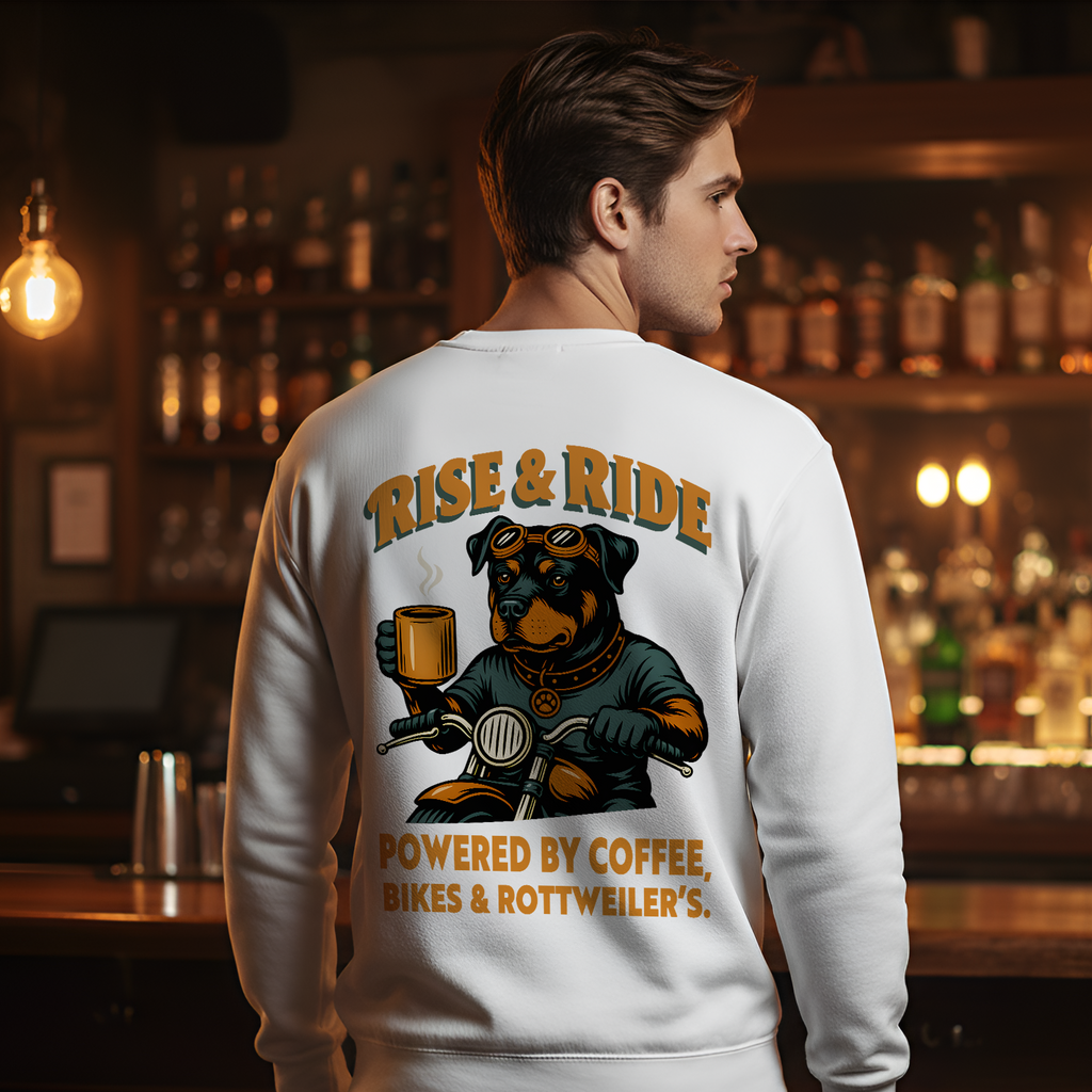 Person wearing a white sweatshirt with a graphic design in a bar setting