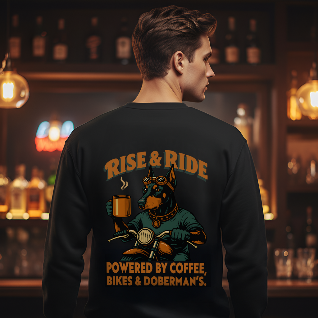 Dog Doberman Biker Coffee Shirt | Rise & Ride Motorcycle Sweatshirt for Men Back Print