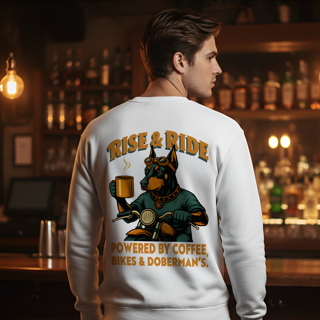 Dog Doberman Biker Coffee Shirt | Rise & Ride Motorcycle Sweatshirt for Men Back Print