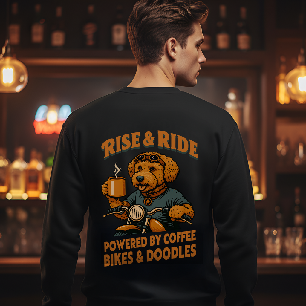 Dog Goldendoodle Biker Coffee Shirt | Rise & Ride Motorcycle Sweatshirt for Men Back Print