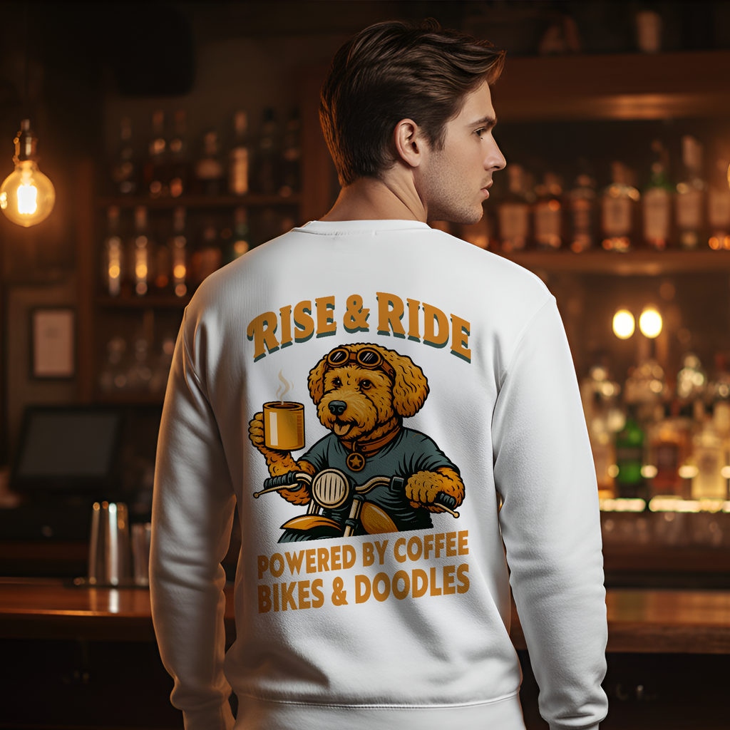 Dog Goldendoodle Biker Coffee Shirt | Rise & Ride Motorcycle Sweatshirt for Men Back Print