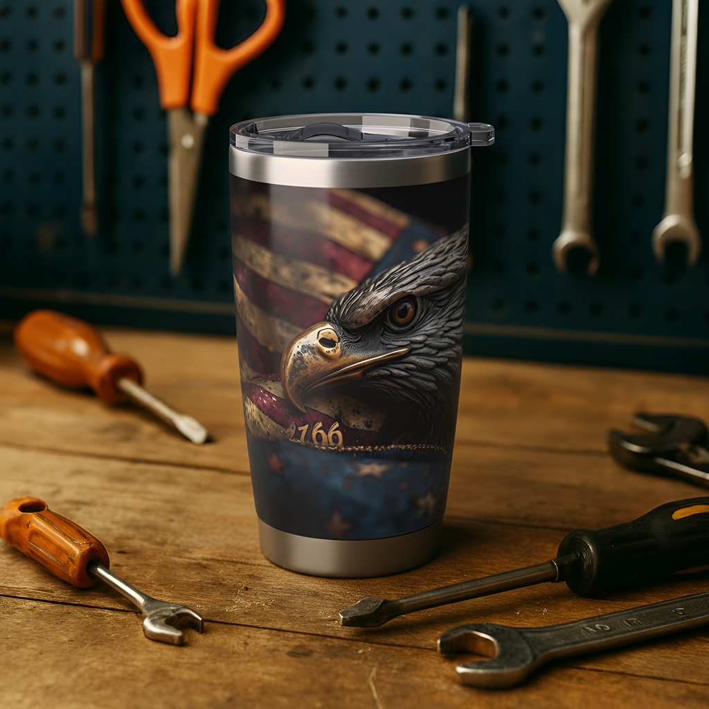 Tumbler with eagle design on a workbench with tools