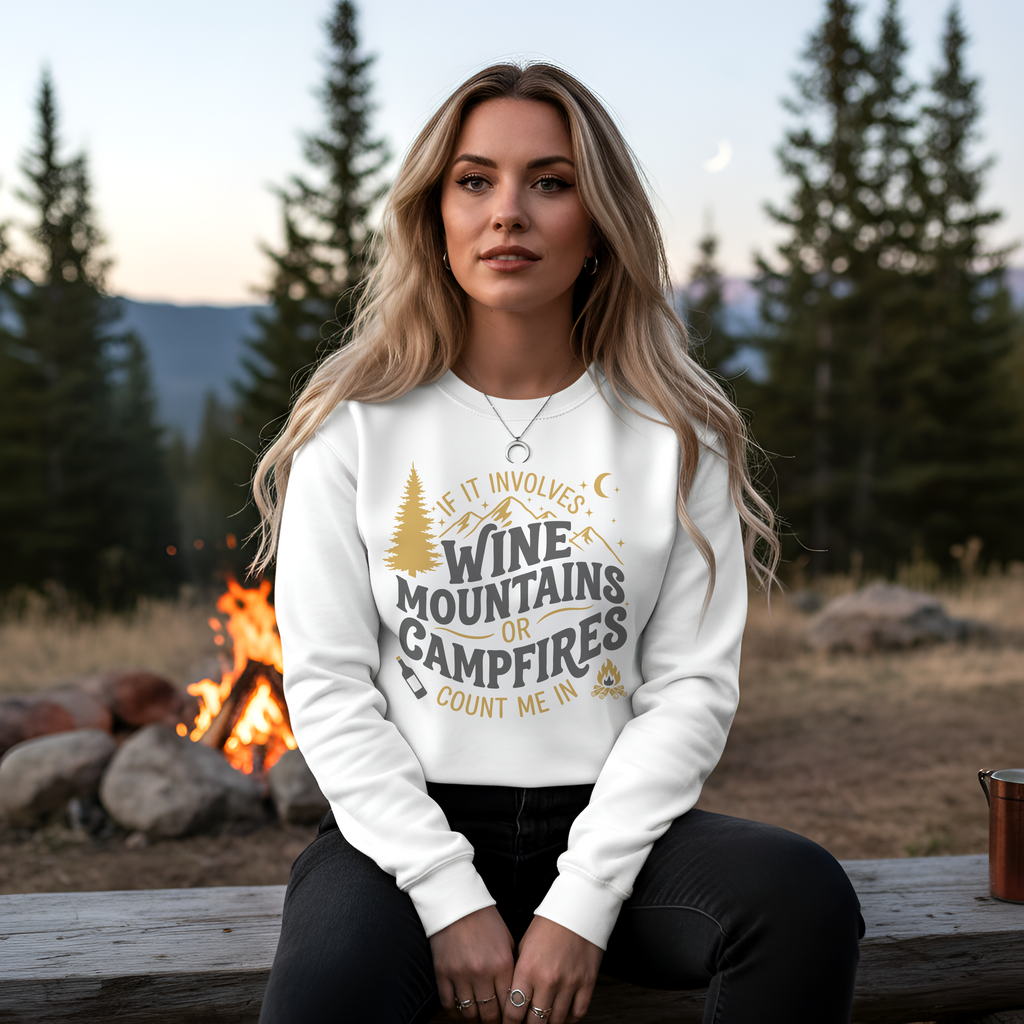 Wine Camping Shirt | Wine Mountains Campfire Nights Outdoor Sweatshirt Gift for Her