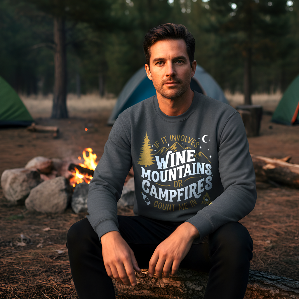 Wine Camping Shirt | Wine Mountains Campfire Nights Outdoor Sweatshirt Gift for Her