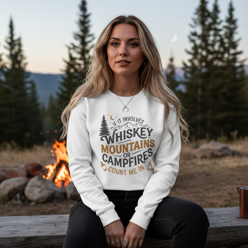 Camping Whiskey Shirt | If It Involves Whiskey Mountains or Campfires Sweatshirt Gift for Him or Her