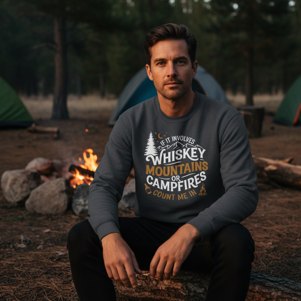 Camping Whiskey Shirt | If It Involves Whiskey Mountains or Campfires Sweatshirt Gift for Him or Her
