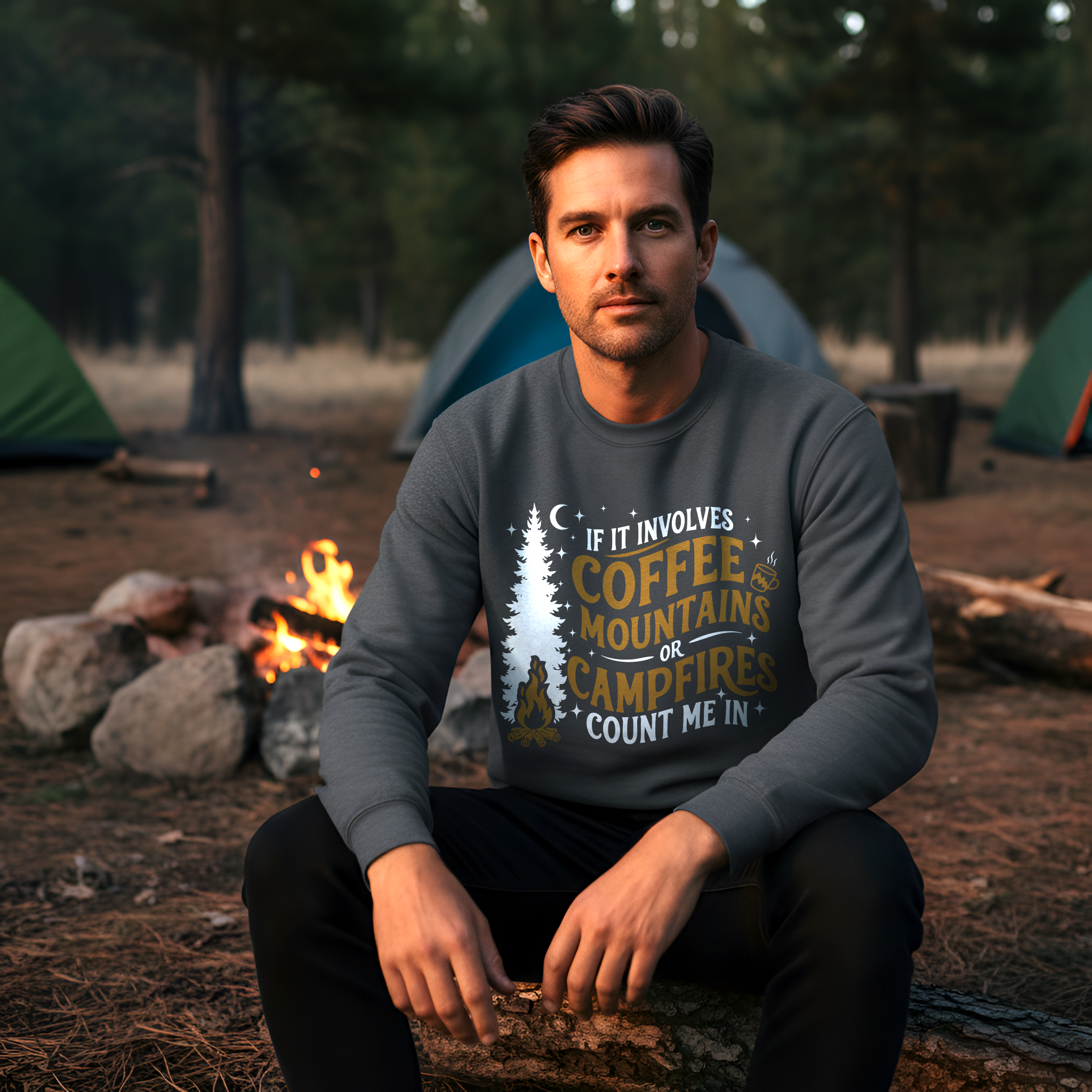 Coffee Camping Shirt | Mountains Campfire Sweatshirt Gift for Him or Her