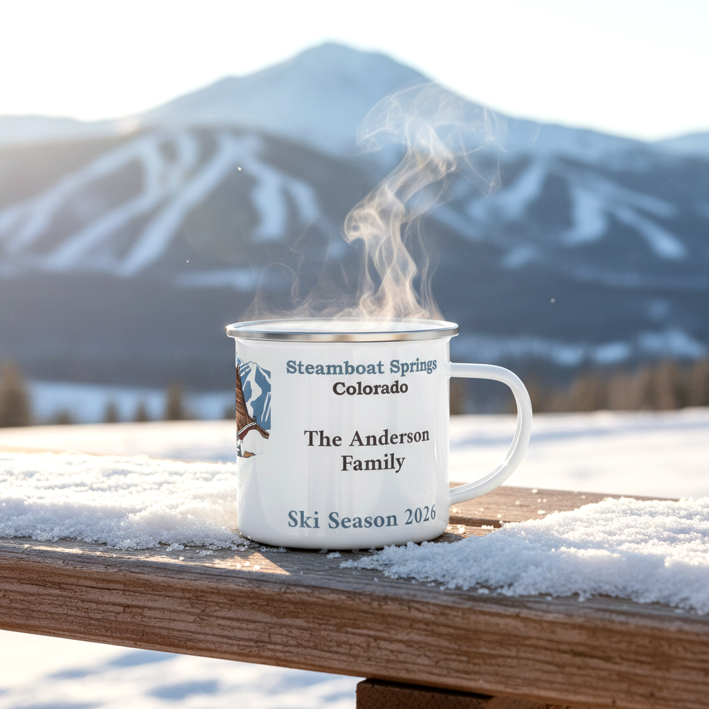 Steamboat Springs Ski Season 2026 Enamel Camping Mug | Cabin Winter Design