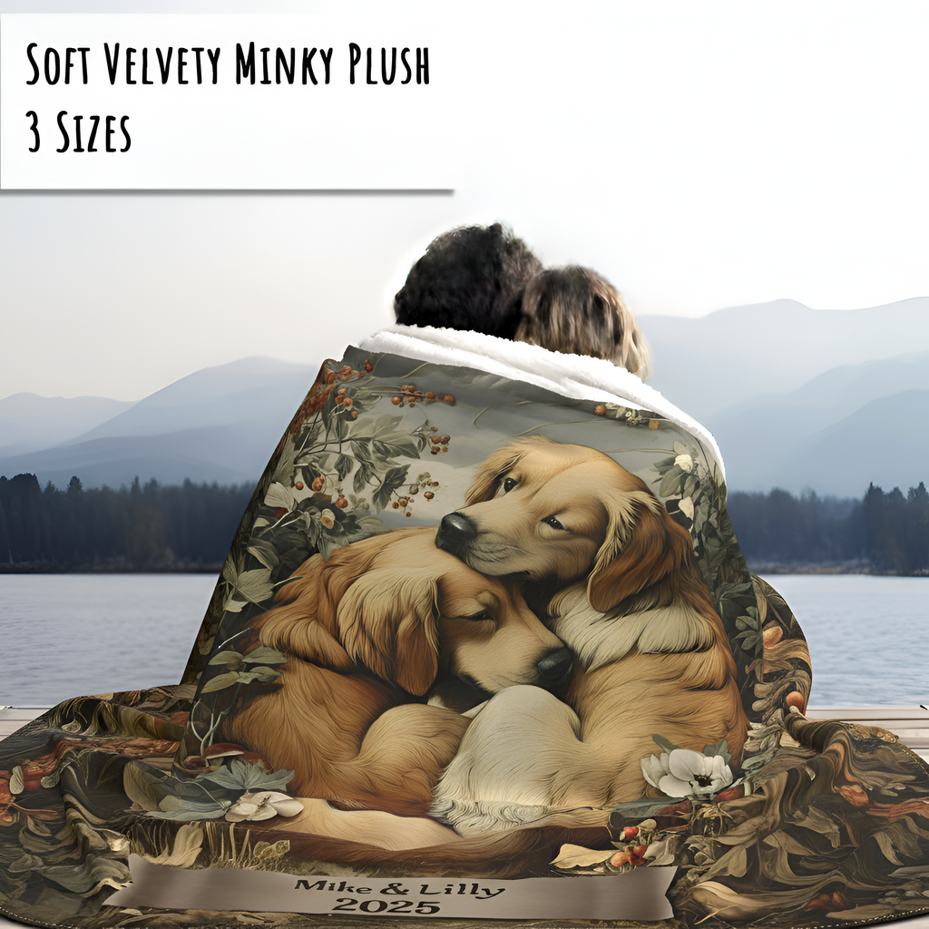 Golden Retriever Blanket Couple with Custom Names | Personalized Dog Lover Valentine Gift