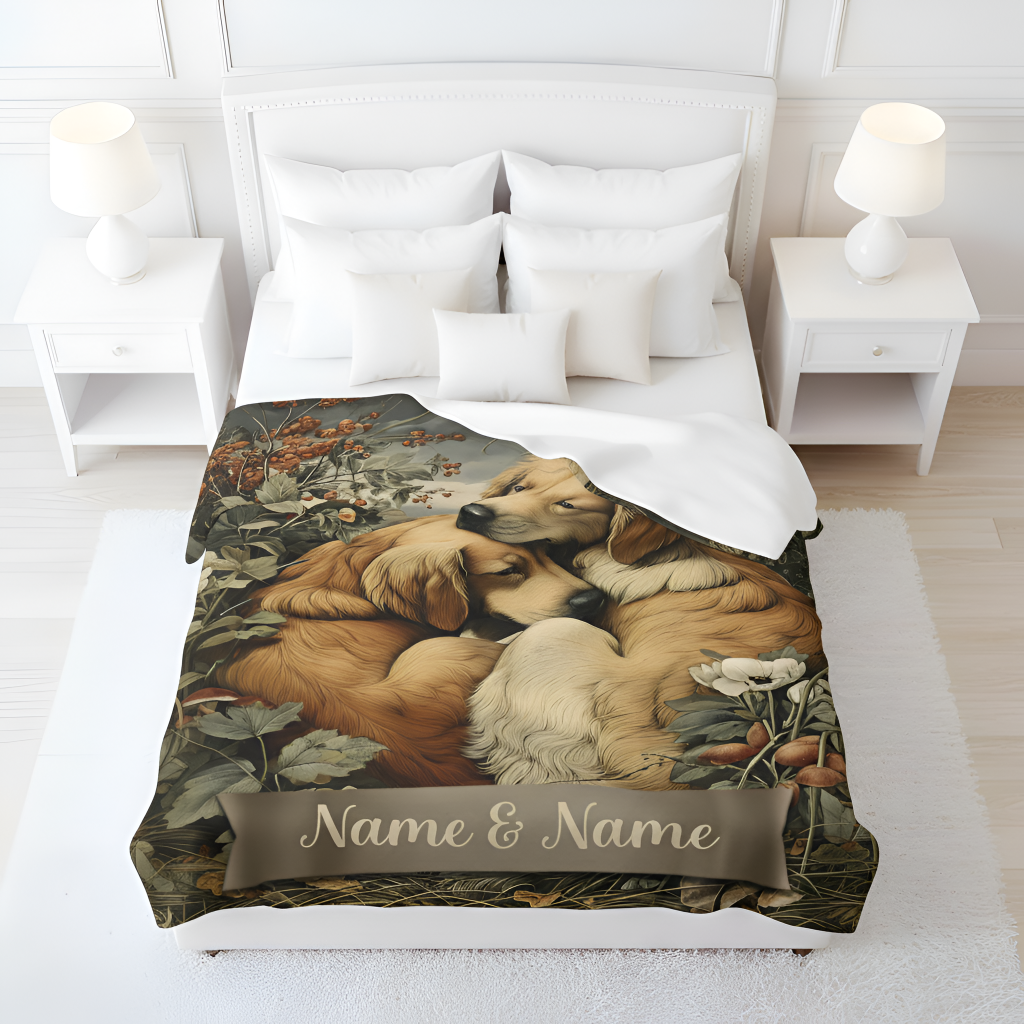 Golden Retriever Blanket Couple with Custom Names | Personalized Dog Lover Valentine Gift