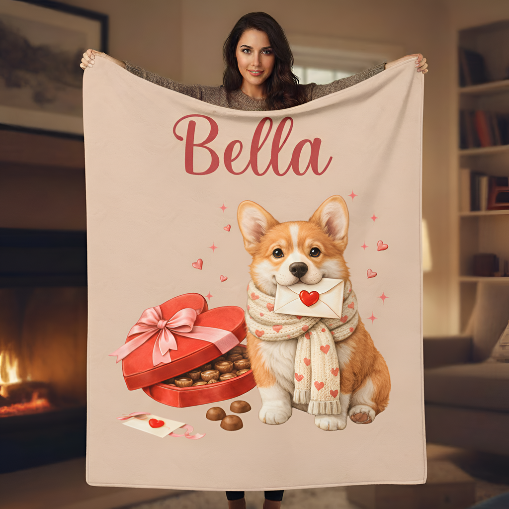Valentines Day Corgi Custom Blanket | Valentine Plush Dog Lover Throw for Cozy Nights