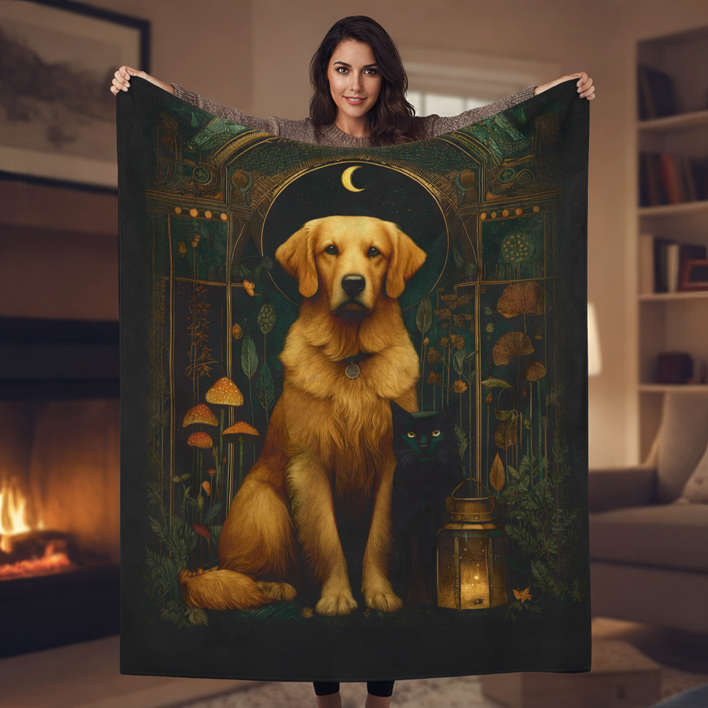 Golden Retriever & Black Cat Plush Blanket | Cozy Cabincore Cottagecore Dog Lover Throw