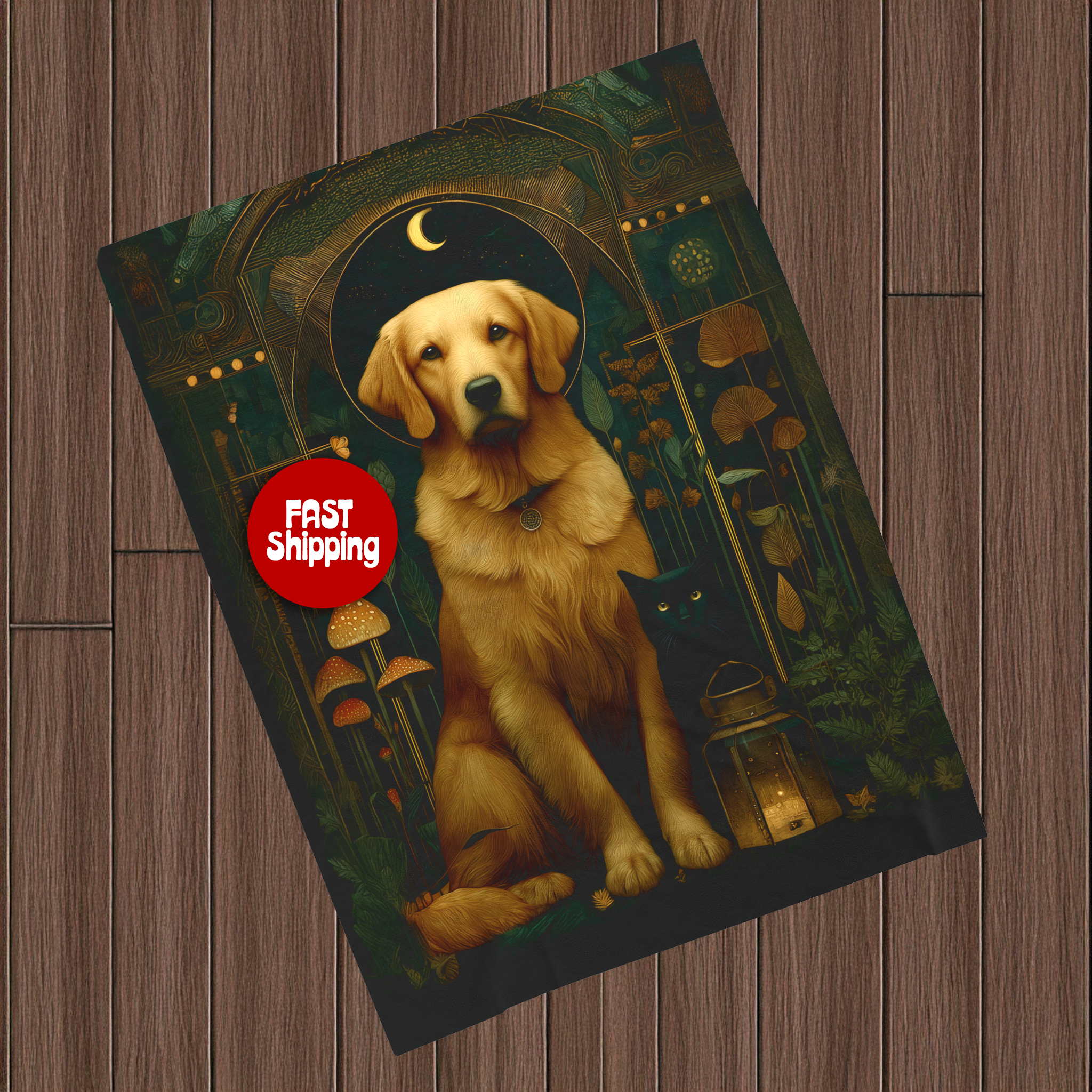 Golden Retriever & Black Cat Plush Blanket | Cozy Cabincore Cottagecore Dog Lover Throw