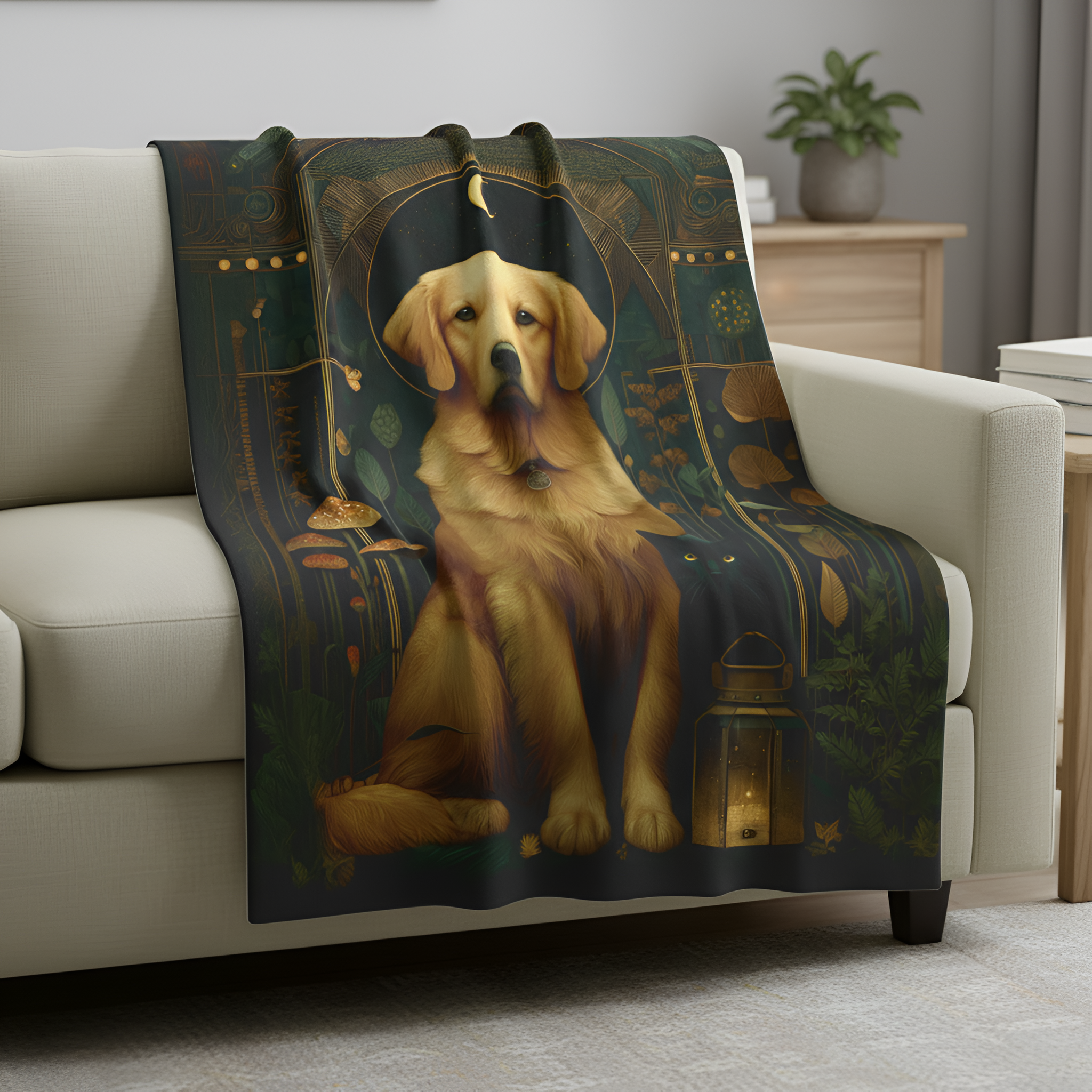 Golden Retriever & Black Cat Plush Blanket | Cozy Cabincore Cottagecore Dog Lover Throw